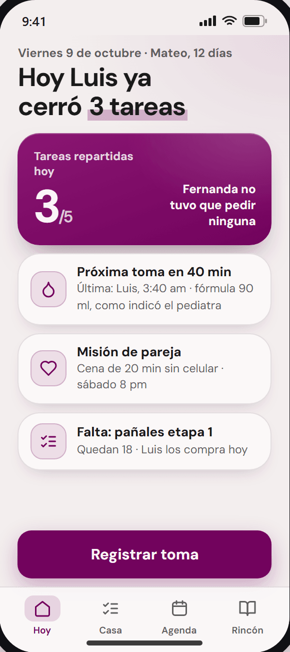 Pantalla de cada día en Unitribu: tareas que su pareja ya cerró, próxima toma y misión de pareja